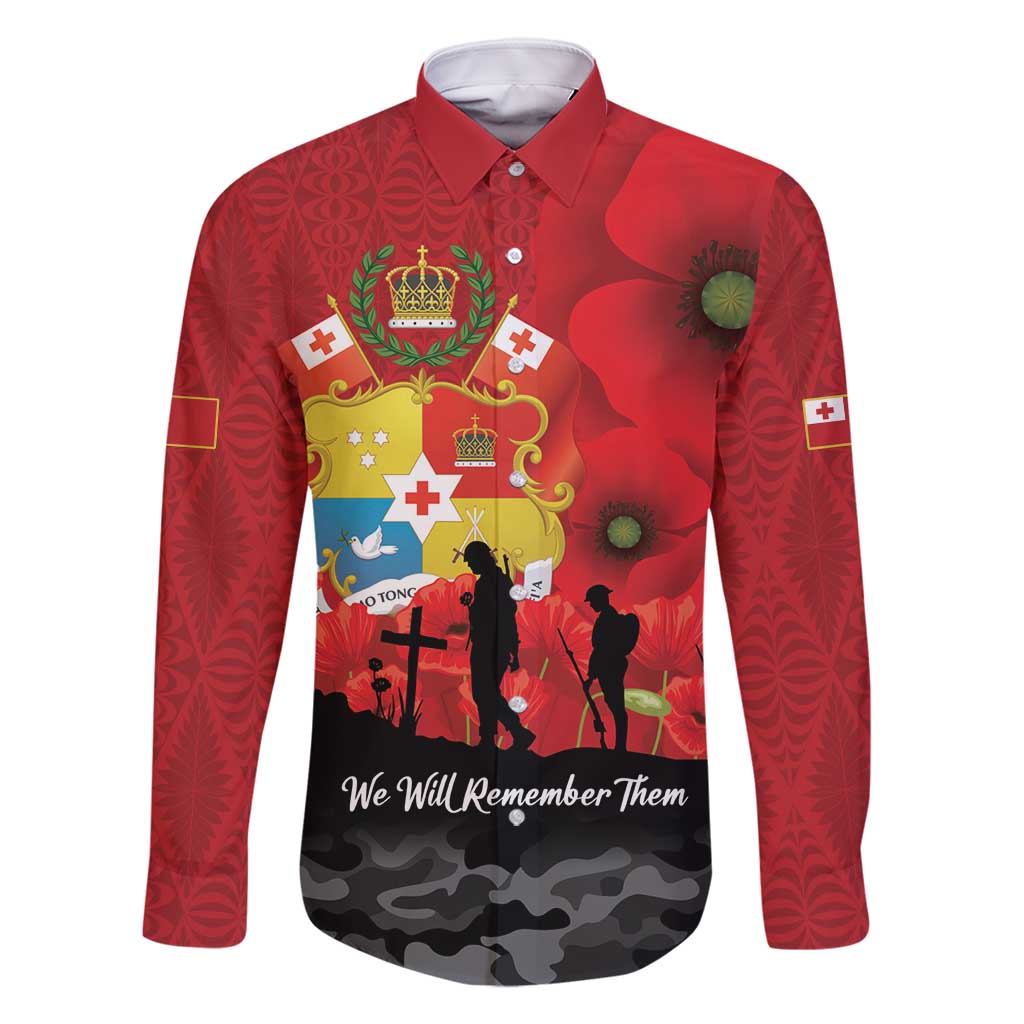 Tonga ANZAC Day Family Matching Mermaid Dress and Hawaiian Shirt Ngatu Pattern We Will Remember Them LT14 Dad's Shirt - Long Sleeve Red - Polynesian Pride