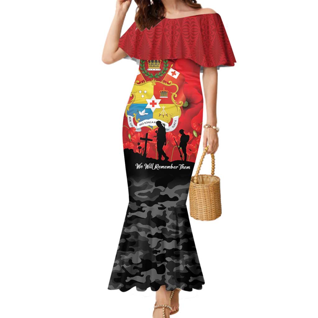 Tonga ANZAC Day Family Matching Mermaid Dress and Hawaiian Shirt Ngatu Pattern We Will Remember Them LT14 Mom's Dress Red - Polynesian Pride