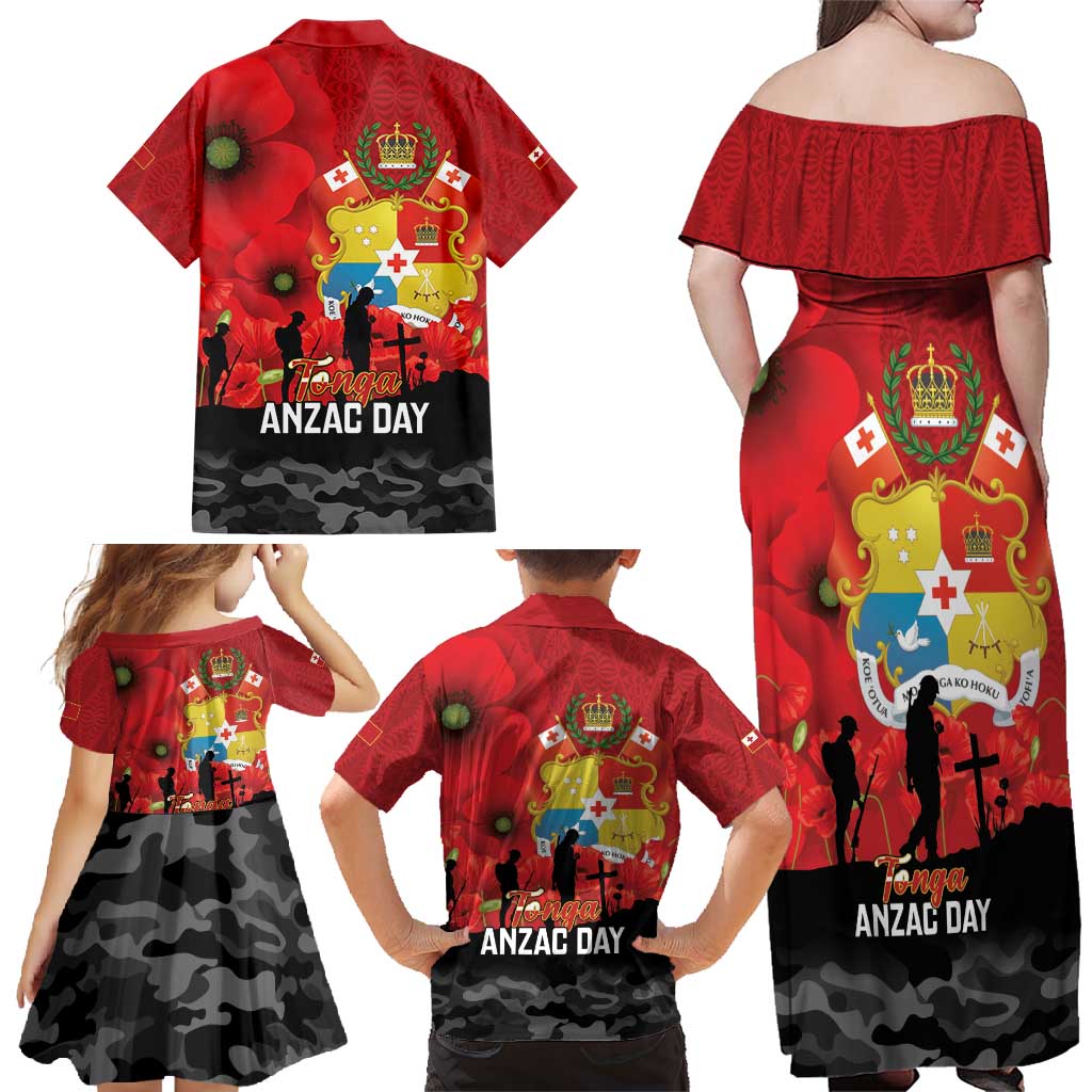 Tonga ANZAC Day Family Matching Off Shoulder Maxi Dress and Hawaiian Shirt Ngatu Pattern We Will Remember Them
