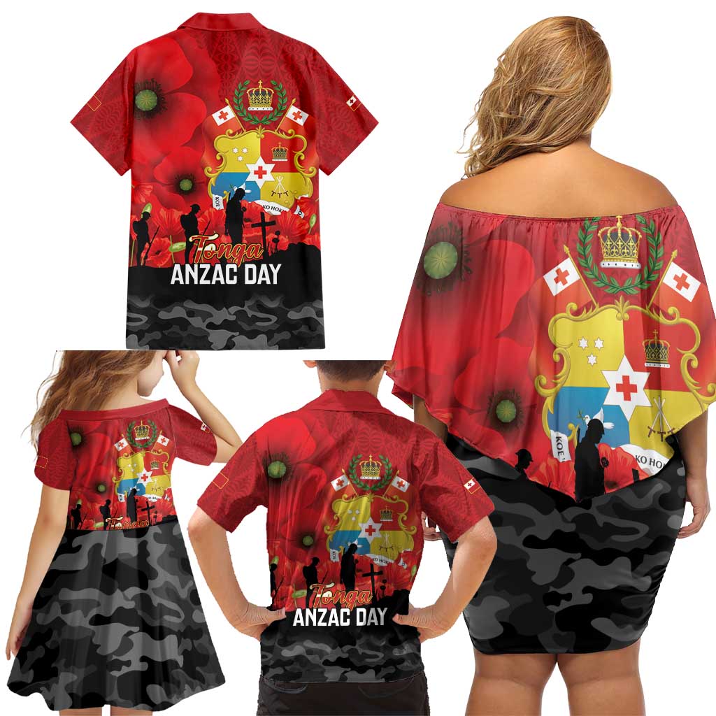 Tonga ANZAC Day Family Matching Off Shoulder Short Dress and Hawaiian Shirt Ngatu Pattern We Will Remember Them