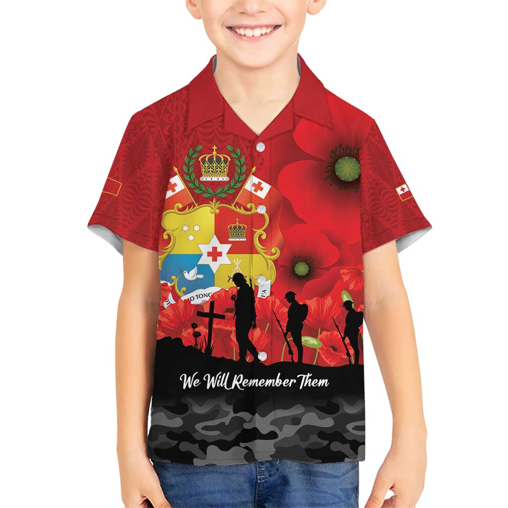 Tonga ANZAC Day Family Matching Puletasi and Hawaiian Shirt Ngatu Pattern We Will Remember Them LT14 Son's Shirt Red - Polynesian Pride