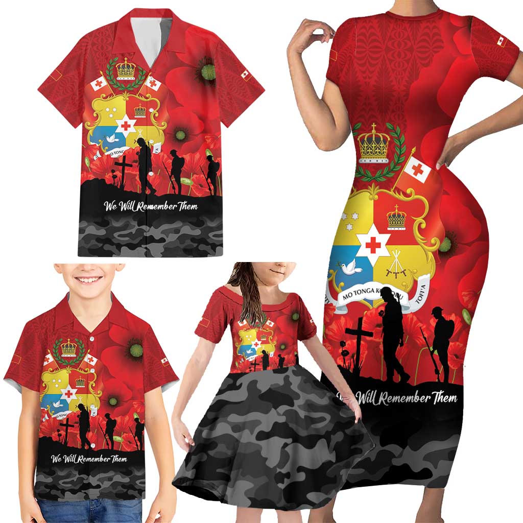 Tonga ANZAC Day Family Matching Short Sleeve Bodycon Dress and Hawaiian Shirt Ngatu Pattern We Will Remember Them