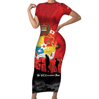Tonga ANZAC Day Family Matching Short Sleeve Bodycon Dress and Hawaiian Shirt Ngatu Pattern We Will Remember Them LT14 Mom's Dress Red - Polynesian Pride