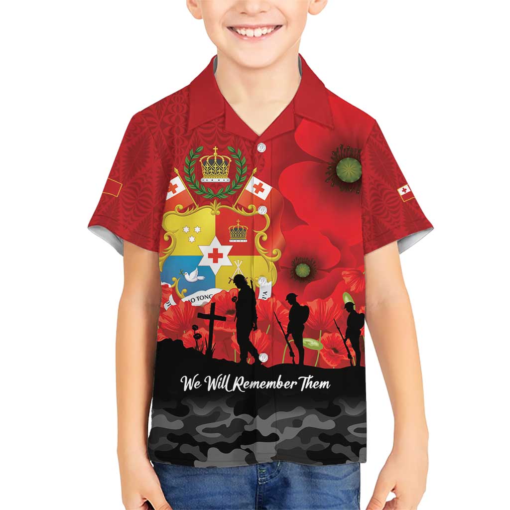 Tonga ANZAC Day Family Matching Short Sleeve Bodycon Dress and Hawaiian Shirt Ngatu Pattern We Will Remember Them LT14 Son's Shirt Red - Polynesian Pride