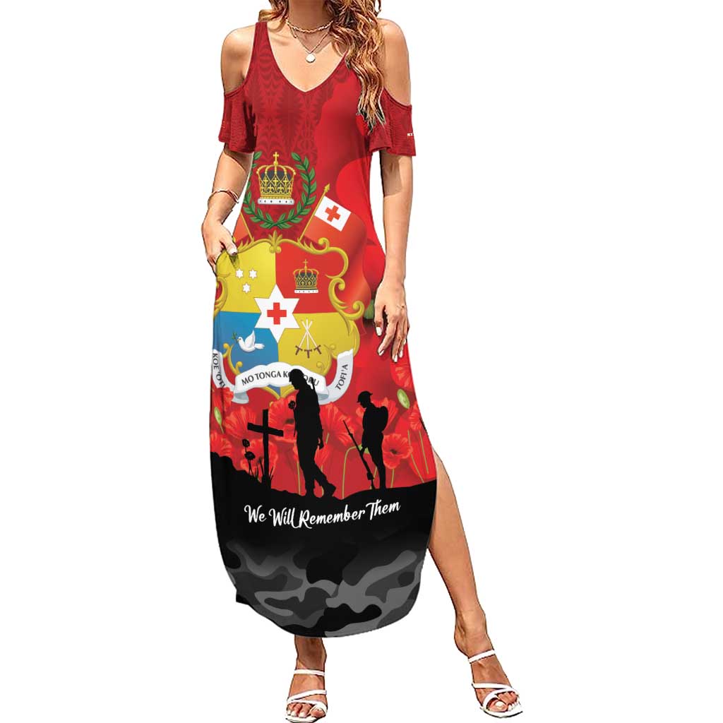 Tonga ANZAC Day Family Matching Summer Maxi Dress and Hawaiian Shirt Ngatu Pattern We Will Remember Them LT14 Mom's Dress Red - Polynesian Pride