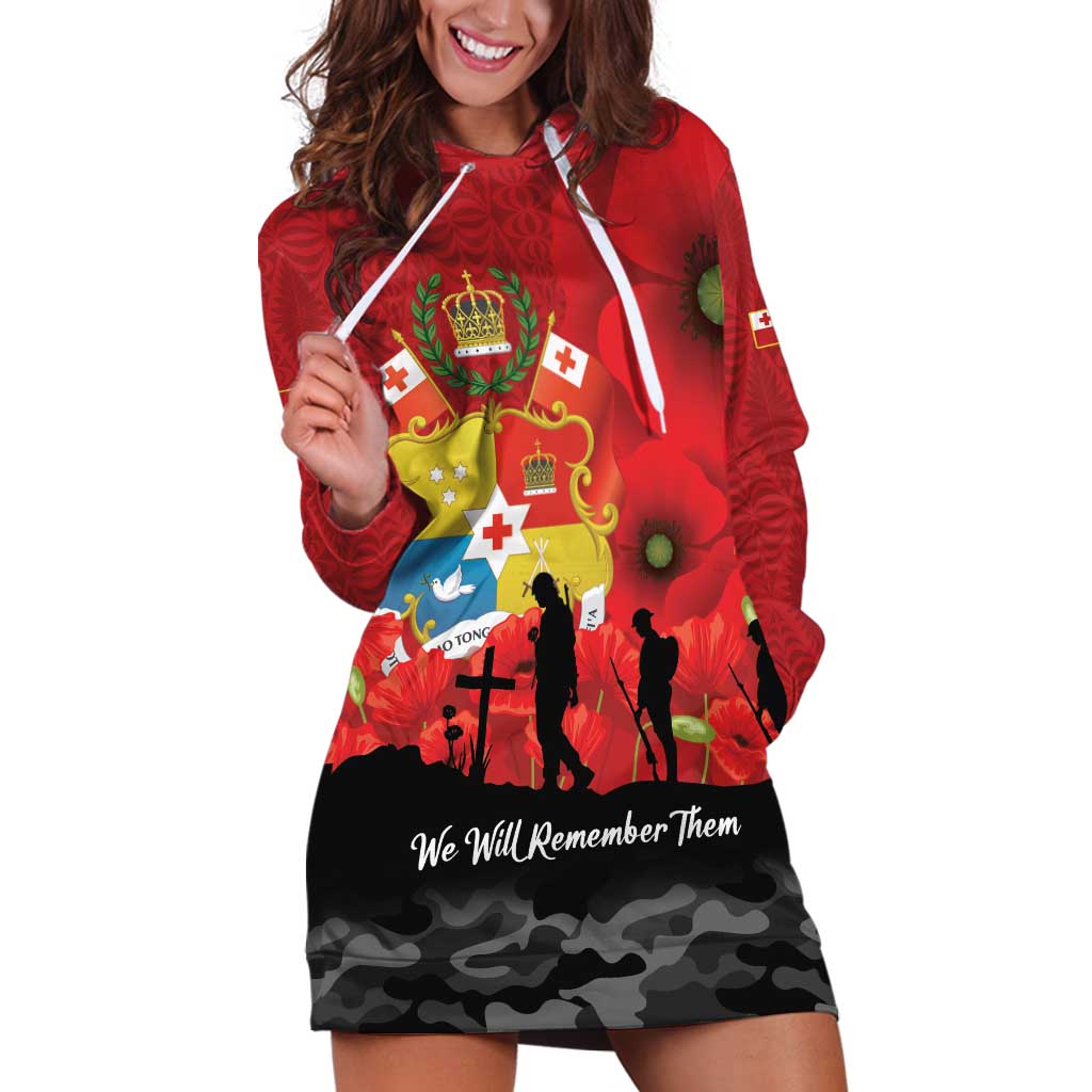 Tonga ANZAC Day Hoodie Dress Ngatu Pattern We Will Remember Them LT14 Red - Polynesian Pride