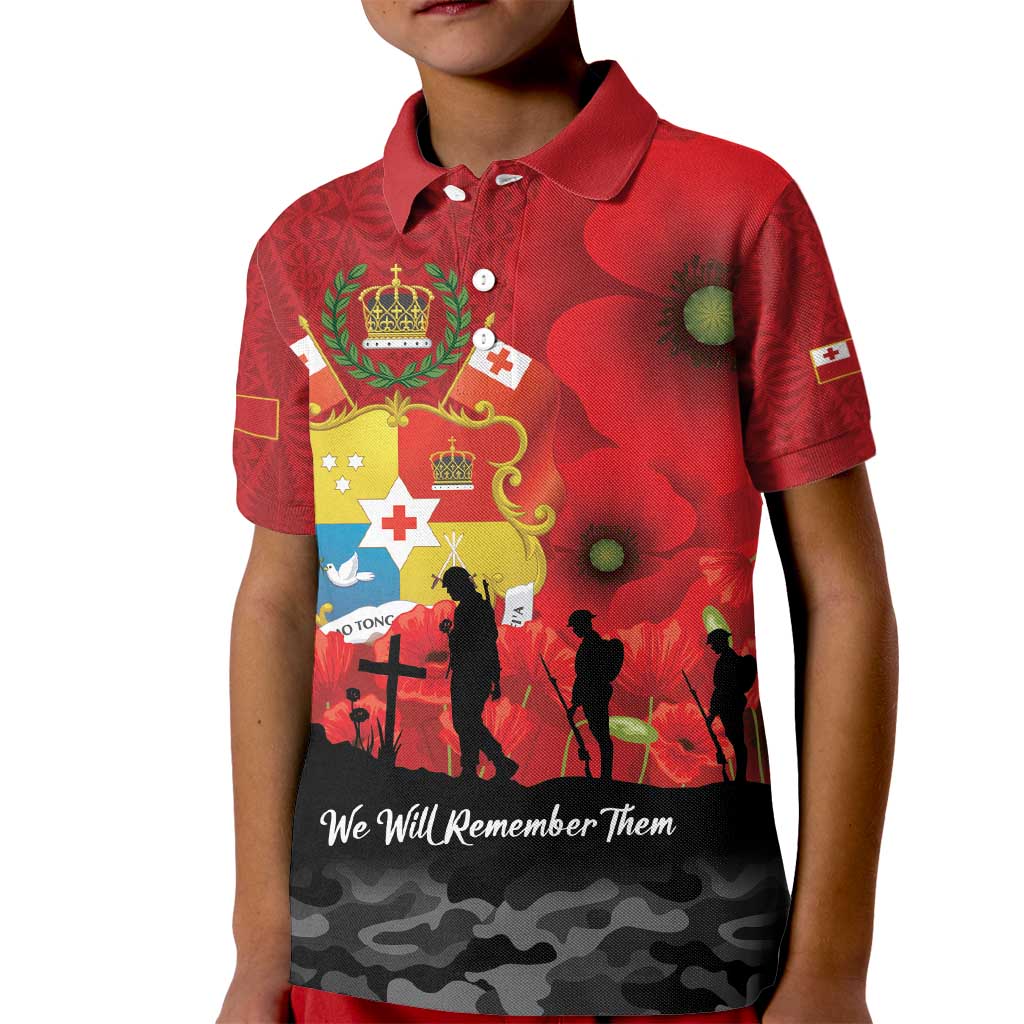 Tonga ANZAC Day Kid Polo Shirt Ngatu Pattern We Will Remember Them LT14 Kid Red - Polynesian Pride