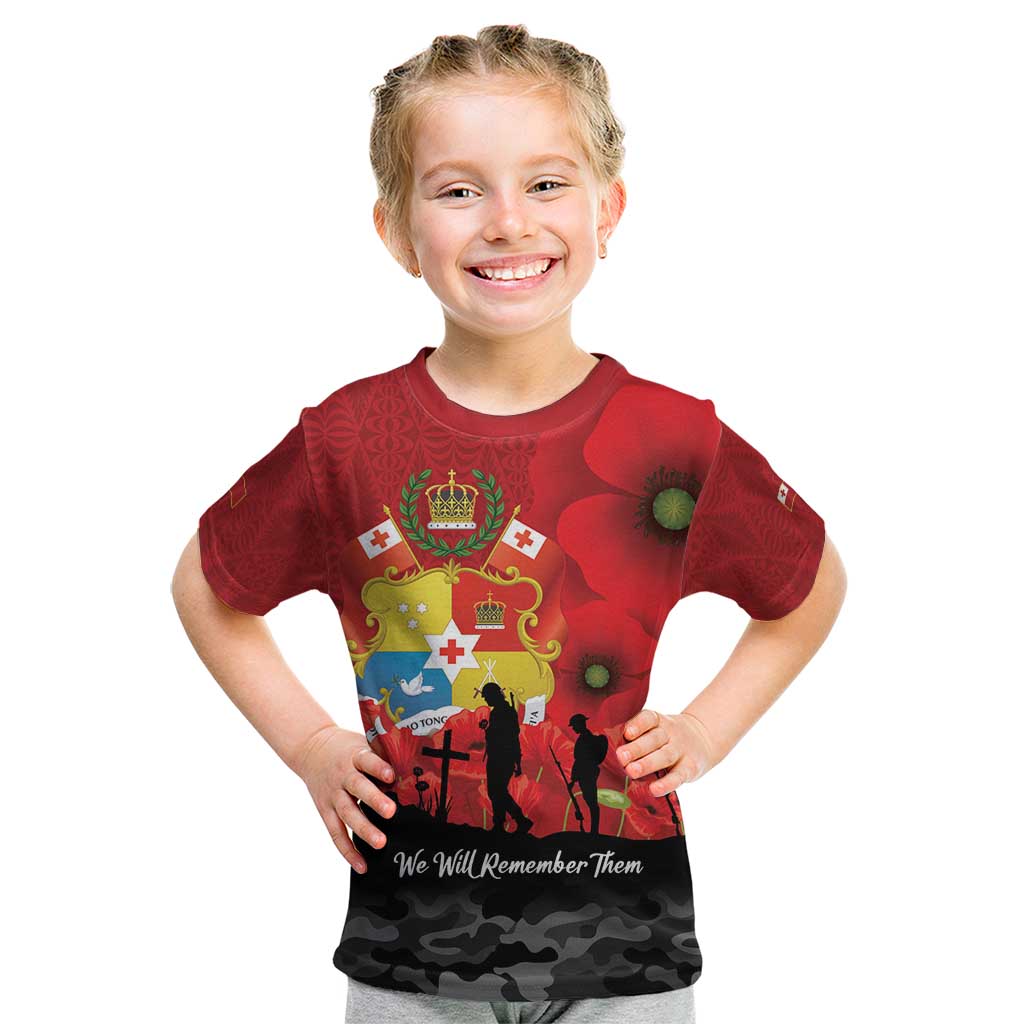 Tonga ANZAC Day Kid T Shirt Ngatu Pattern We Will Remember Them LT14 Red - Polynesian Pride