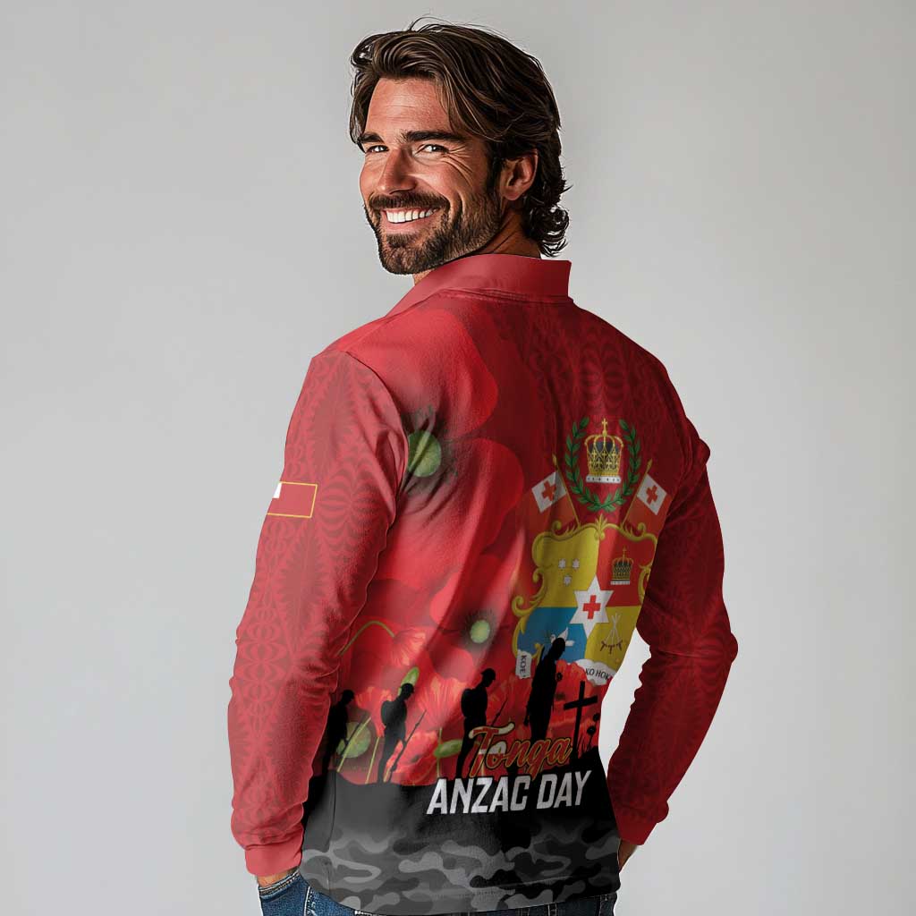 Tonga ANZAC Day Long Sleeve Polo Shirt Ngatu Pattern We Will Remember Them LT14 - Polynesian Pride