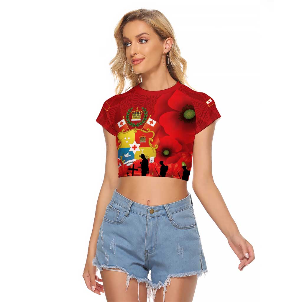 Tonga ANZAC Day Raglan Cropped T Shirt Ngatu Pattern We Will Remember Them LT14 Female Red - Polynesian Pride