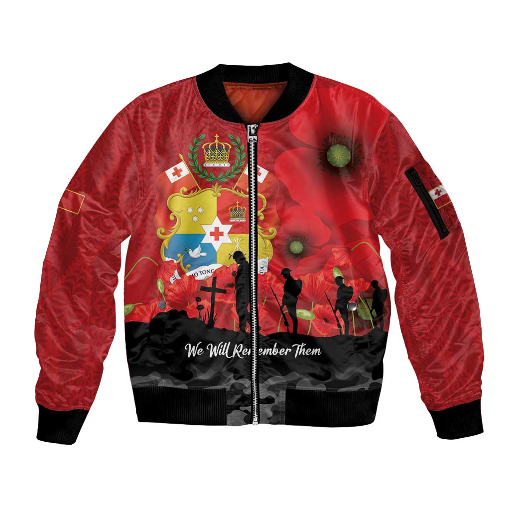 Tonga ANZAC Day Sleeve Zip Bomber Jacket Ngatu Pattern We Will Remember Them LT14 Unisex Red - Polynesian Pride