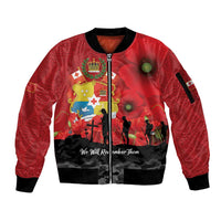 Tonga ANZAC Day Sleeve Zip Bomber Jacket Ngatu Pattern We Will Remember Them LT14 Unisex Red - Polynesian Pride