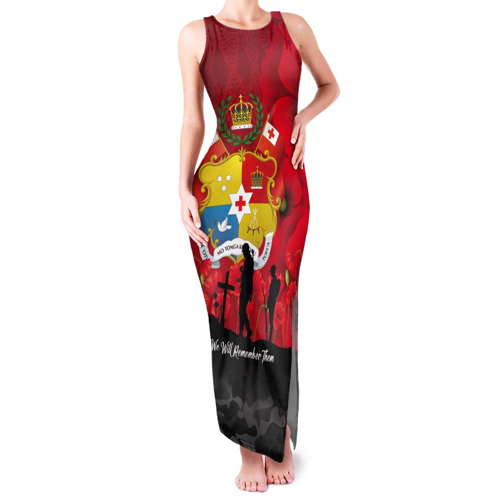 Tonga ANZAC Day Tank Maxi Dress Ngatu Pattern We Will Remember Them LT14 Women Red - Polynesian Pride