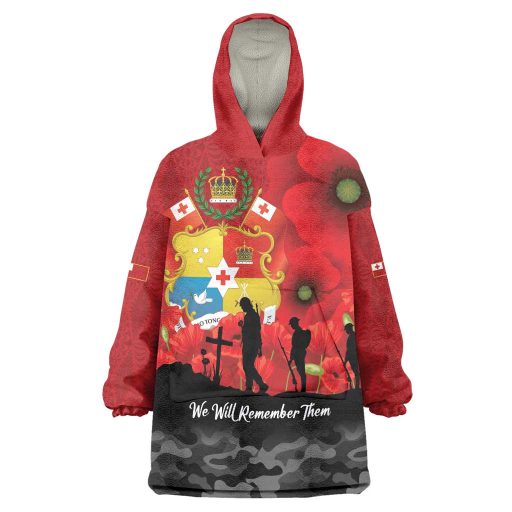 Tonga ANZAC Day Wearable Blanket Hoodie Ngatu Pattern We Will Remember Them