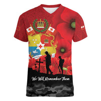 Tonga ANZAC Day Women V-Neck T-Shirt Ngatu Pattern We Will Remember Them LT14 Female Red - Polynesian Pride