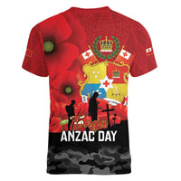 Tonga ANZAC Day Women V-Neck T-Shirt Ngatu Pattern We Will Remember Them LT14 - Polynesian Pride
