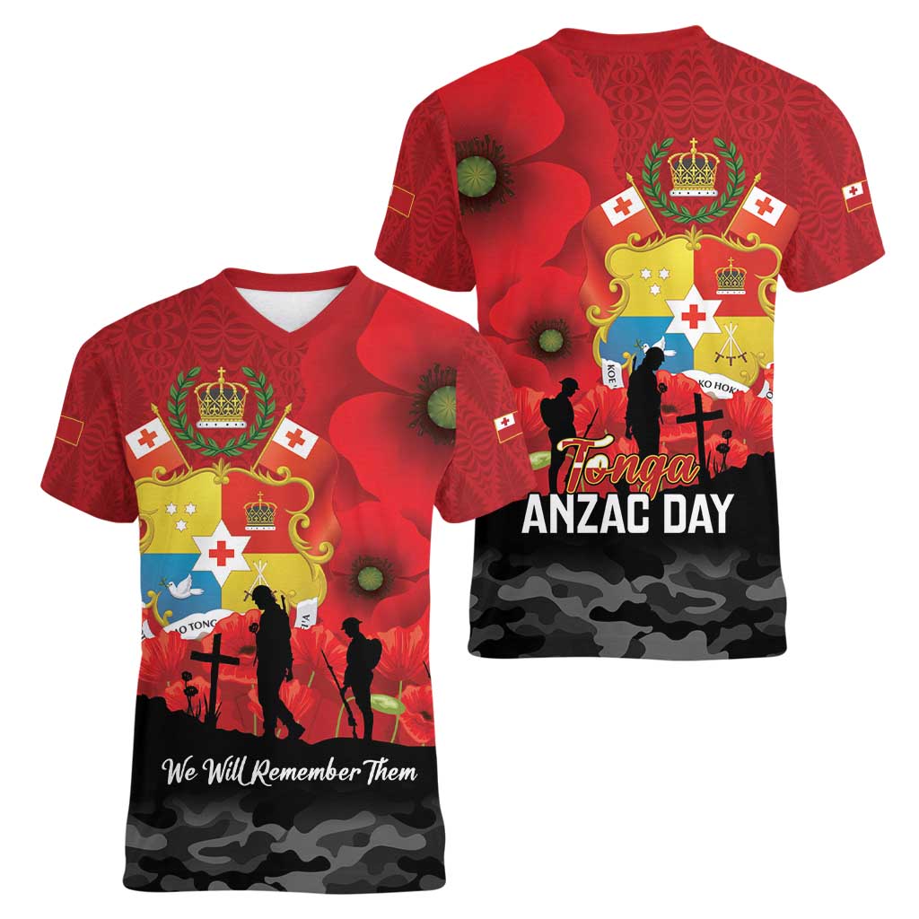 Tonga ANZAC Day Women V-Neck T-Shirt Ngatu Pattern We Will Remember Them LT14 - Polynesian Pride