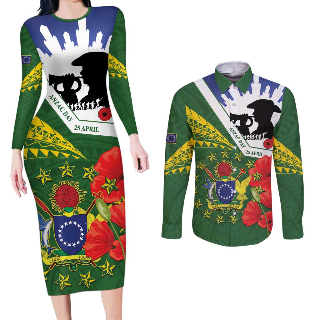 Cook Islands ANZAC Day Couples Matching Long Sleeve Bodycon Dress and Long Sleeve Button Shirt Last Post Lest We Forget