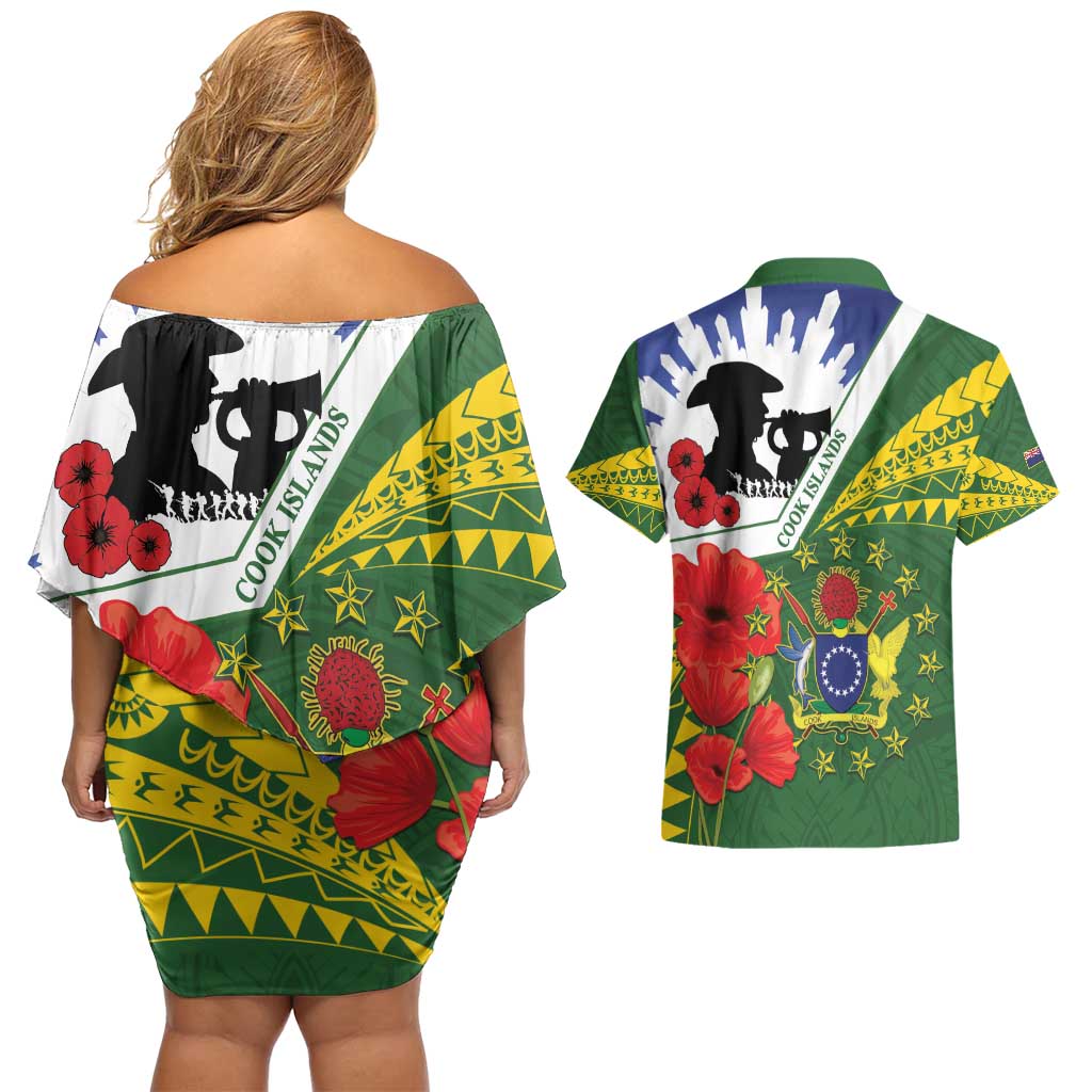 Cook Islands ANZAC Day Couples Matching Off Shoulder Short Dress and Hawaiian Shirt Last Post Lest We Forget