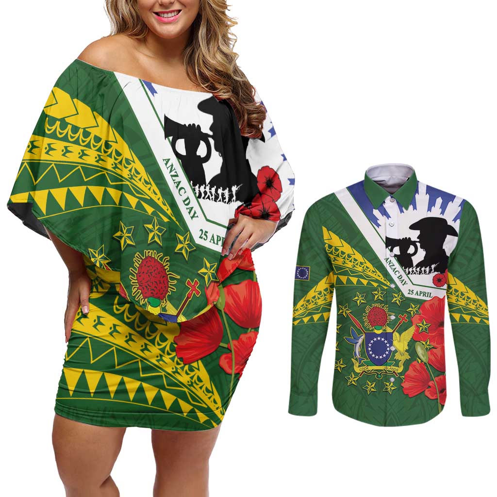 Cook Islands ANZAC Day Couples Matching Off Shoulder Short Dress and Long Sleeve Button Shirt Last Post Lest We Forget