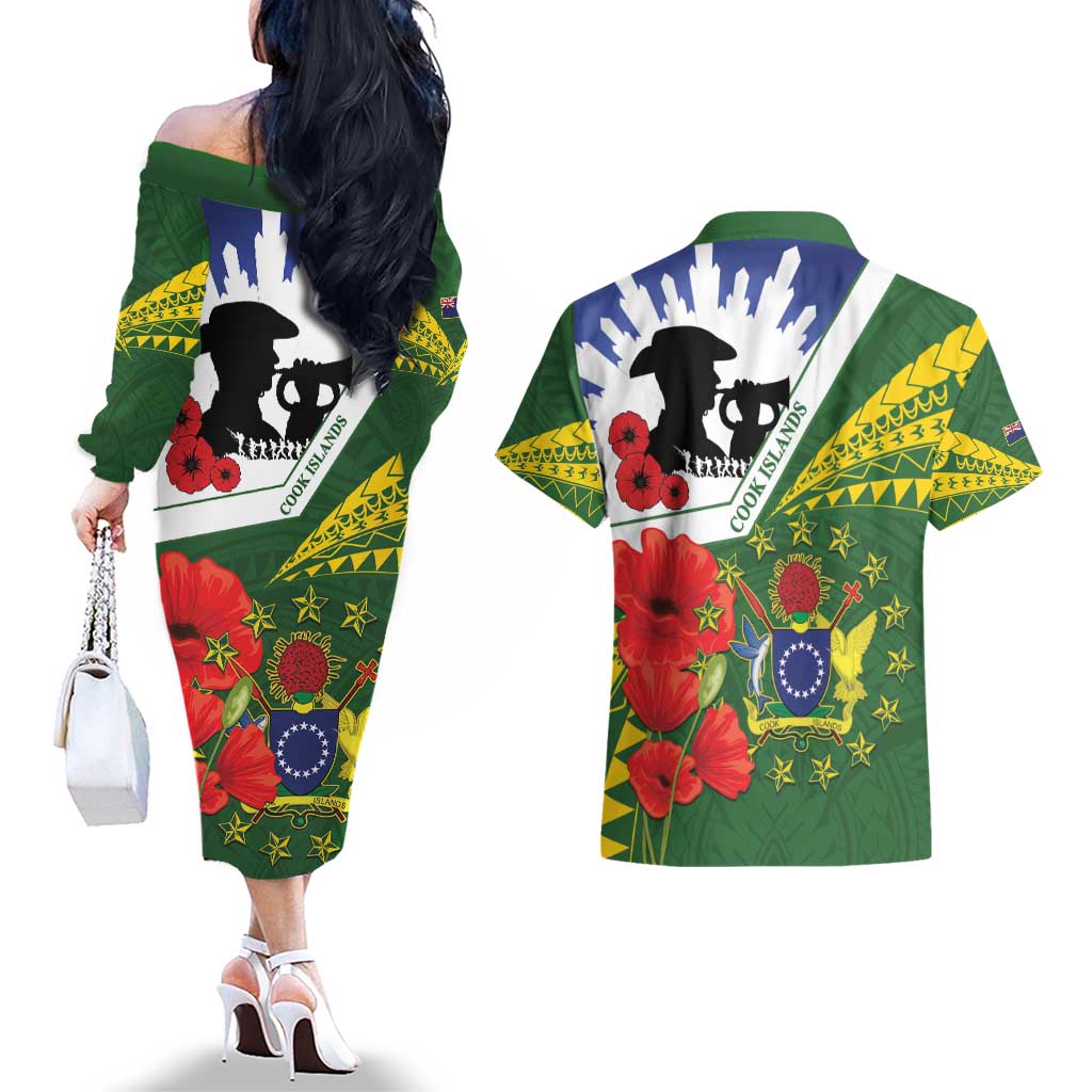 Cook Islands ANZAC Day Couples Matching Off The Shoulder Long Sleeve Dress and Hawaiian Shirt Last Post Lest We Forget