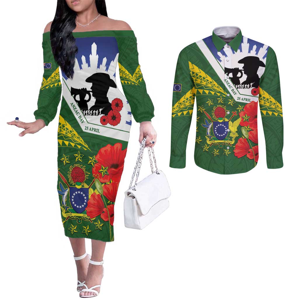 Cook Islands ANZAC Day Couples Matching Off The Shoulder Long Sleeve Dress and Long Sleeve Button Shirt Last Post Lest We Forget