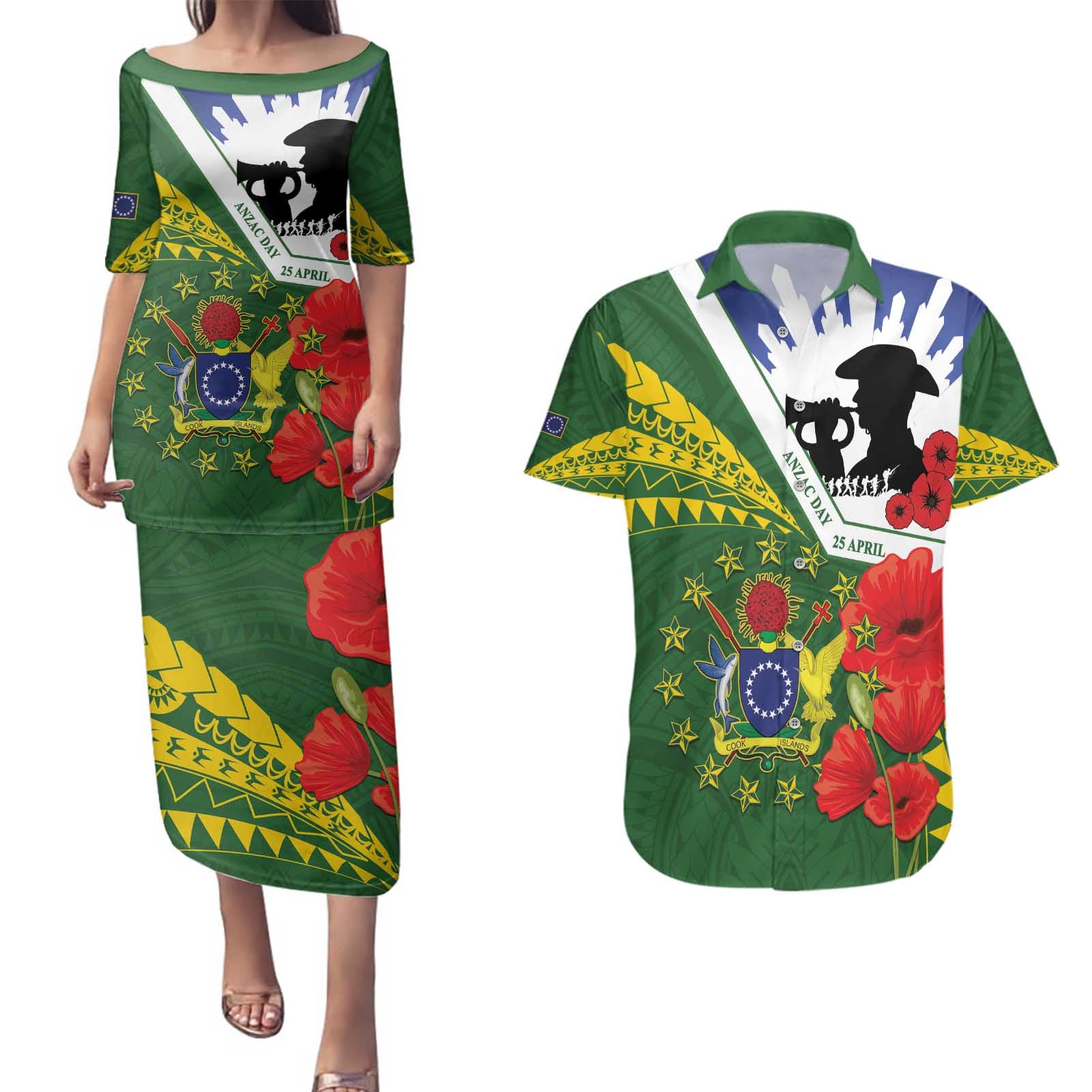 Cook Islands ANZAC Day Couples Matching Puletasi and Hawaiian Shirt Last Post Lest We Forget