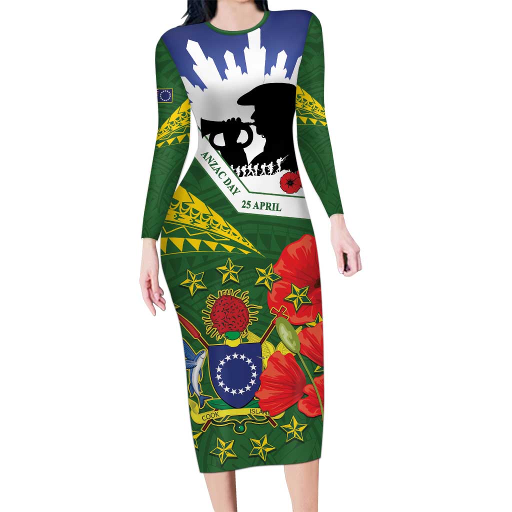 Cook Islands ANZAC Day Long Sleeve Bodycon Dress Last Post Lest We Forget