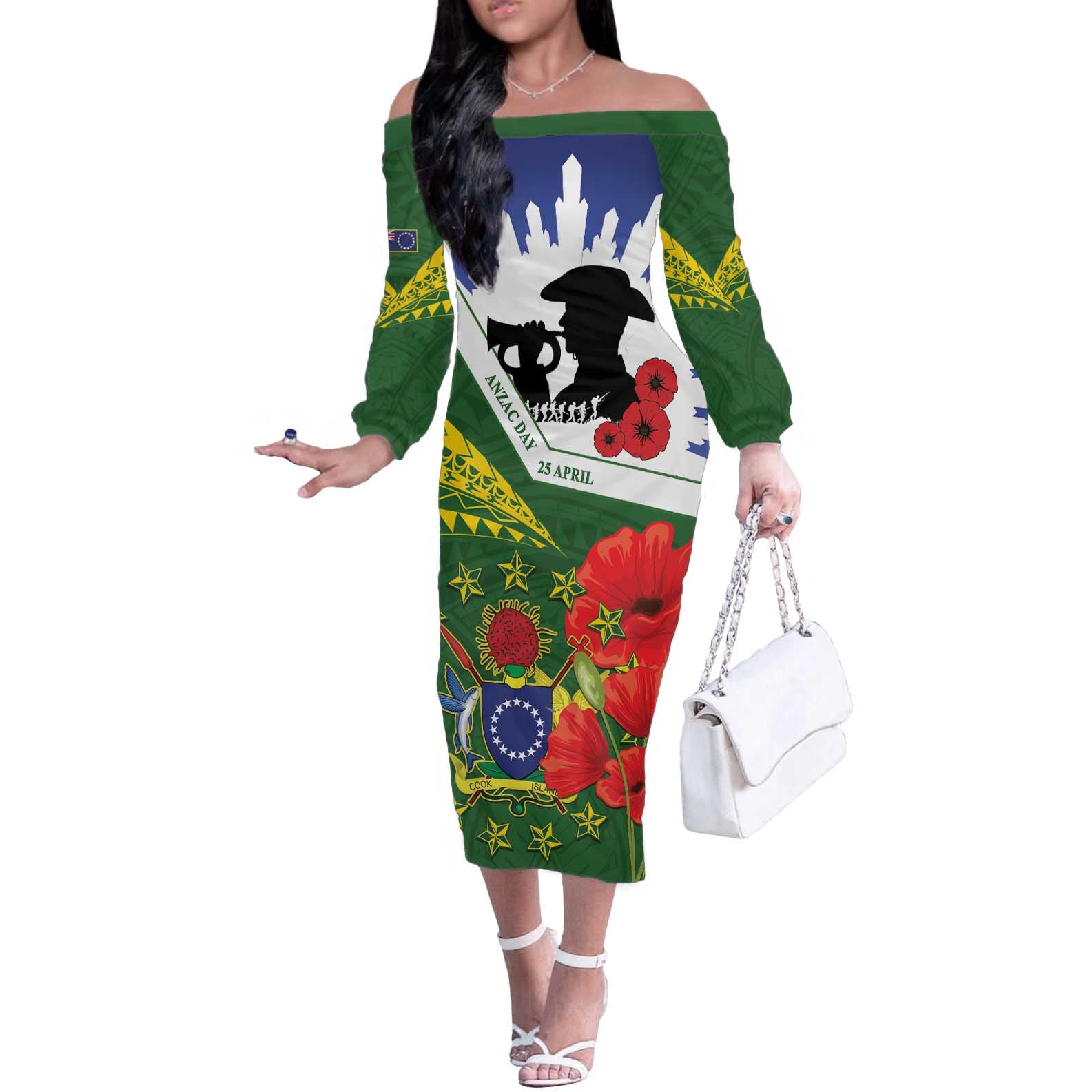 Cook Islands ANZAC Day Off The Shoulder Long Sleeve Dress Last Post Lest We Forget