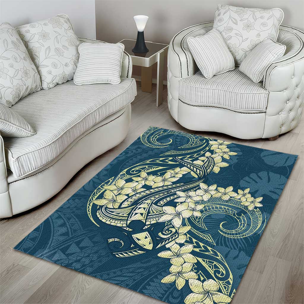 Cyan Polynesia Hammerhead Shark Tattoo With Plumeria Lei Area Rug