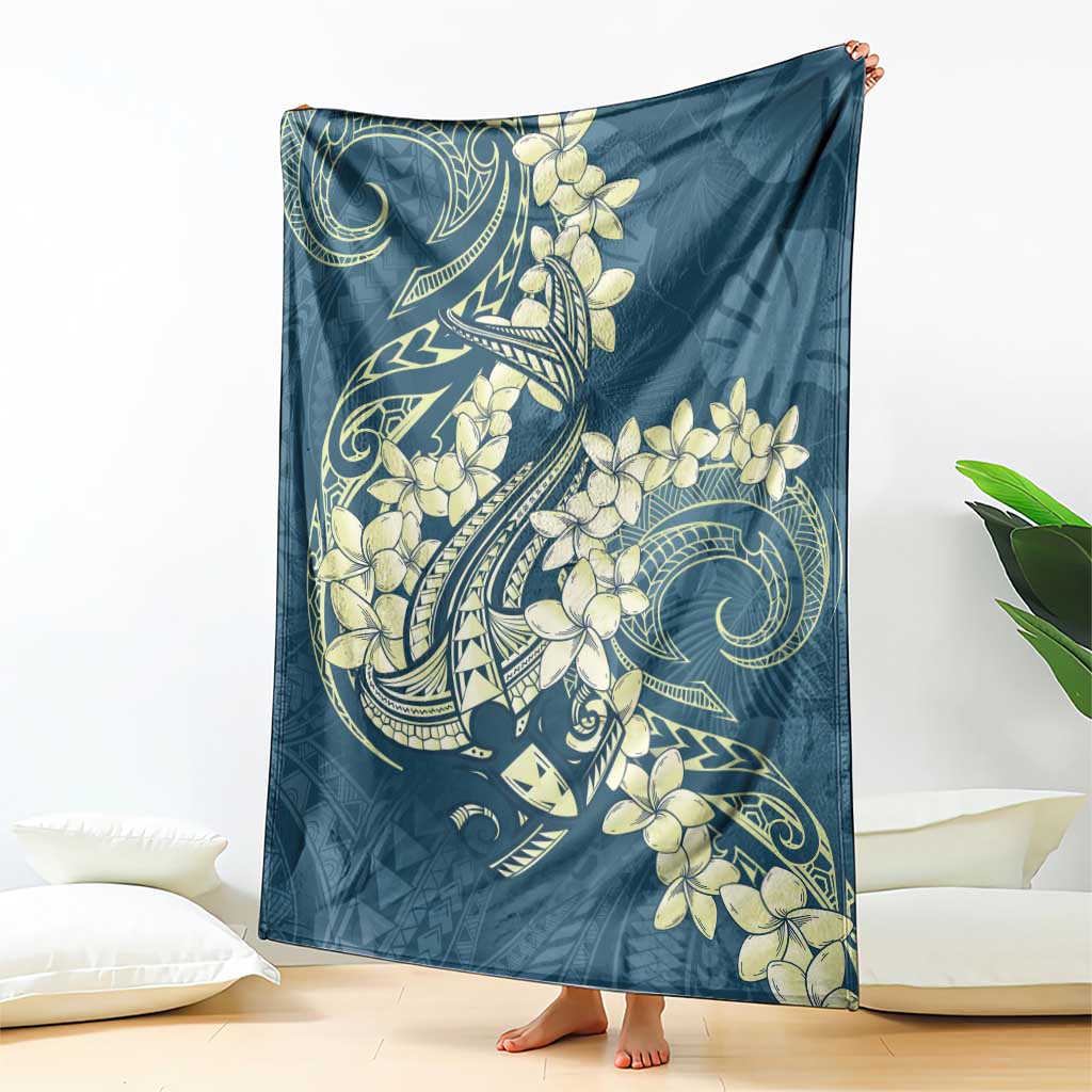 Cyan Polynesia Hammerhead Shark Tattoo With Plumeria Lei Blanket