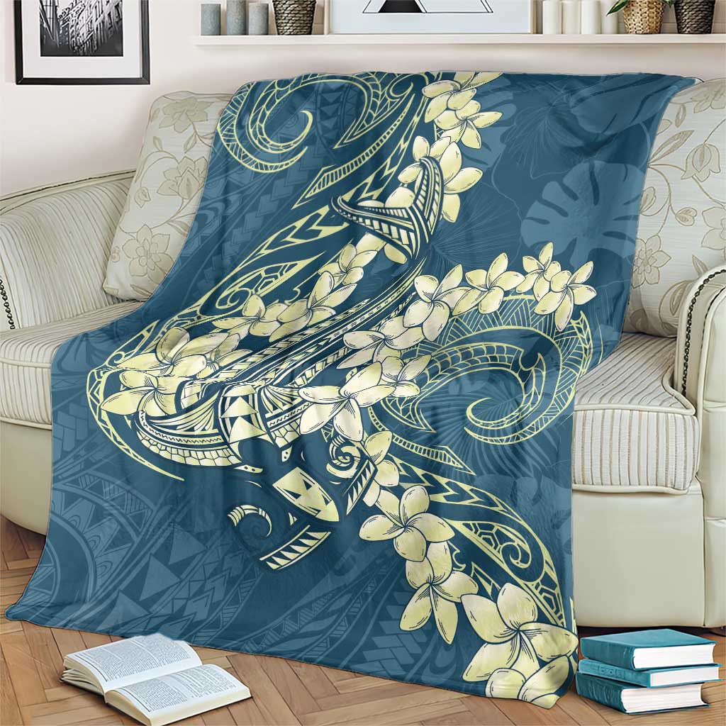 Cyan Polynesia Hammerhead Shark Tattoo With Plumeria Lei Blanket