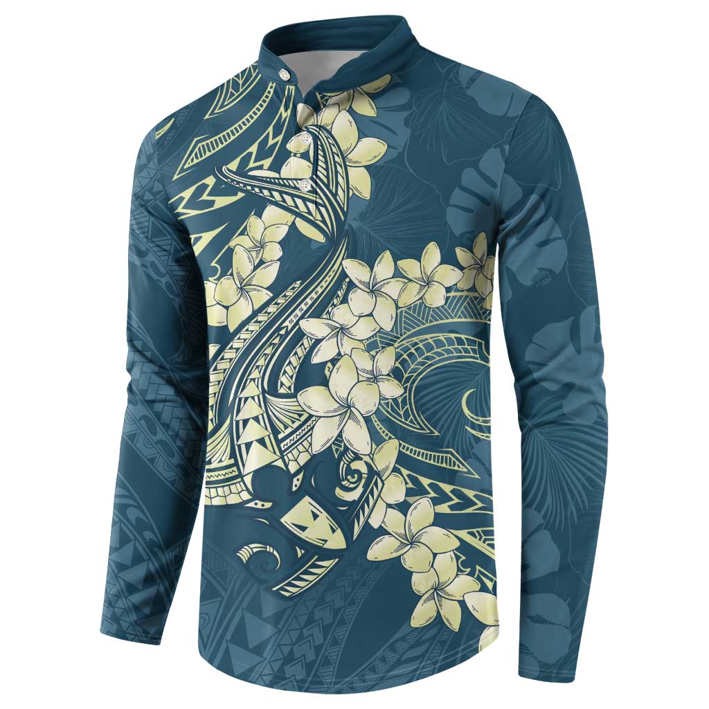 Cyan Polynesia Hammerhead Shark Tattoo With Plumeria Lei Button Sweatshirt LT14 - Polynesian Pride