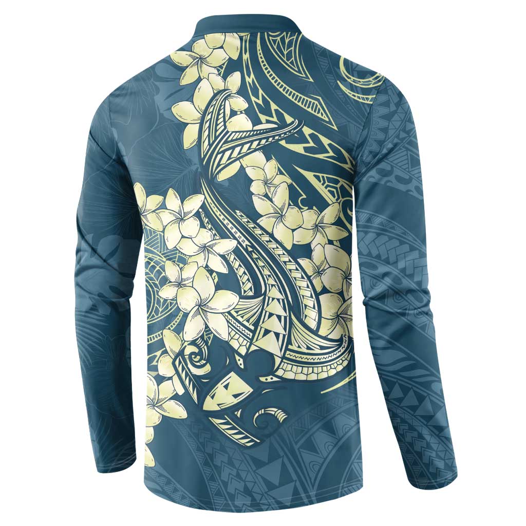 Cyan Polynesia Hammerhead Shark Tattoo With Plumeria Lei Button Sweatshirt LT14 - Polynesian Pride