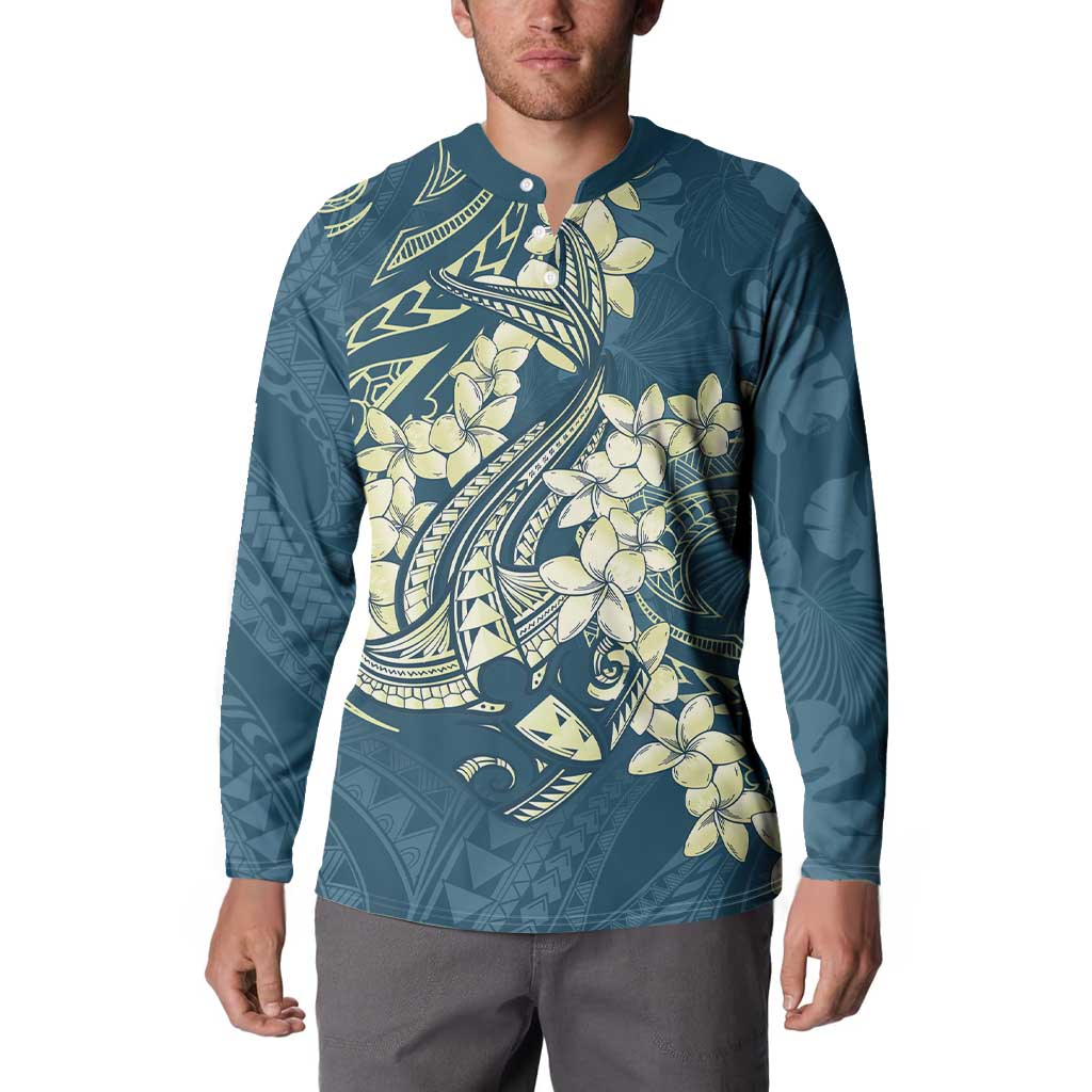 Cyan Polynesia Hammerhead Shark Tattoo With Plumeria Lei Button Sweatshirt LT14 - Polynesian Pride