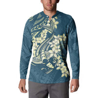 Cyan Polynesia Hammerhead Shark Tattoo With Plumeria Lei Button Sweatshirt LT14 - Polynesian Pride