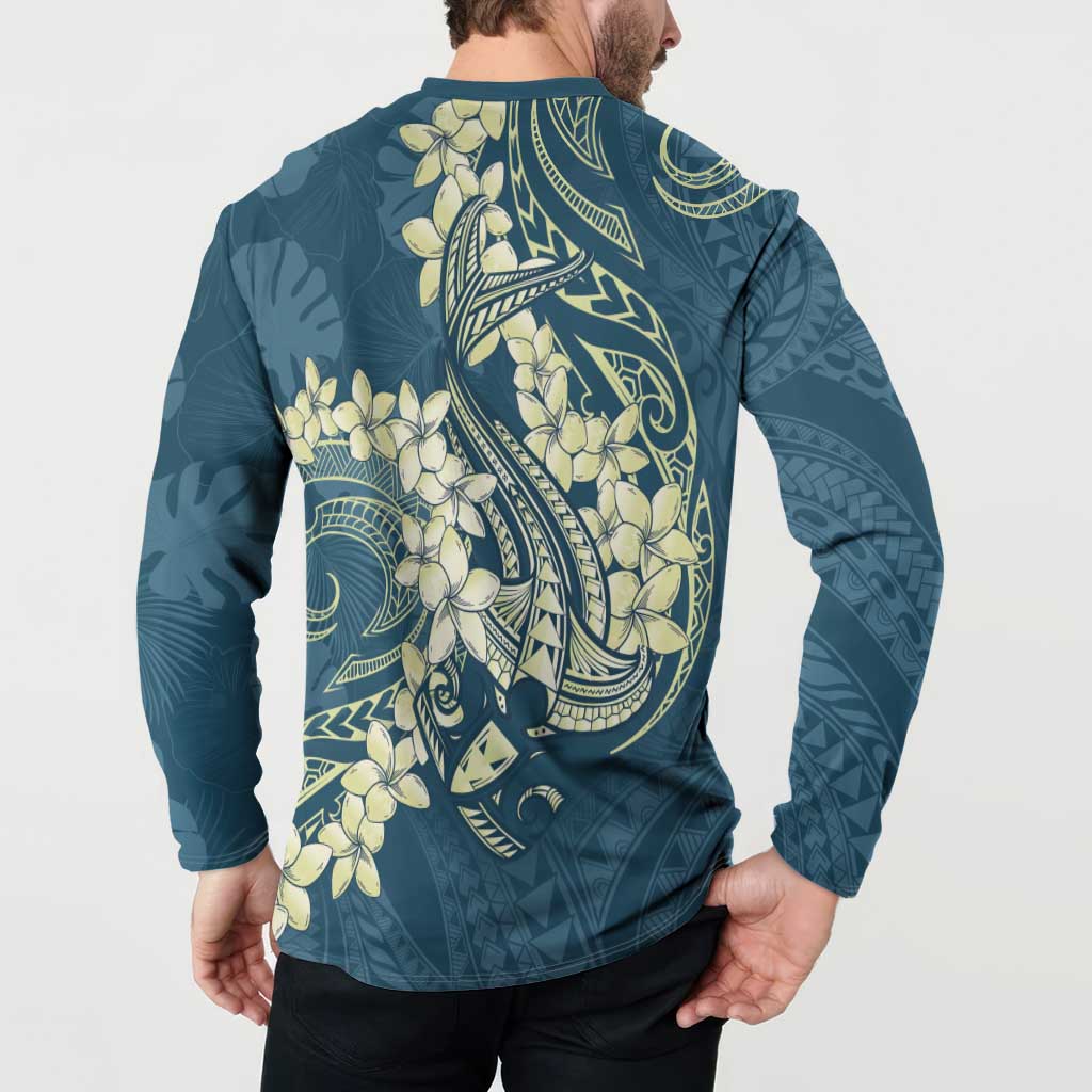 Cyan Polynesia Hammerhead Shark Tattoo With Plumeria Lei Button Sweatshirt LT14 - Polynesian Pride