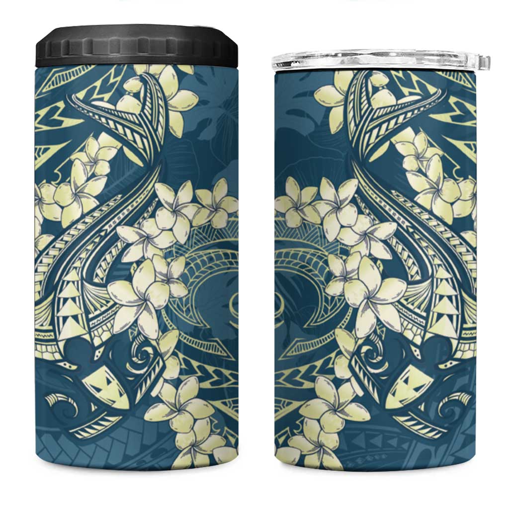 Cyan Polynesia Hammerhead Shark Tattoo With Plumeria Lei 4 in 1 Can Cooler Tumbler
