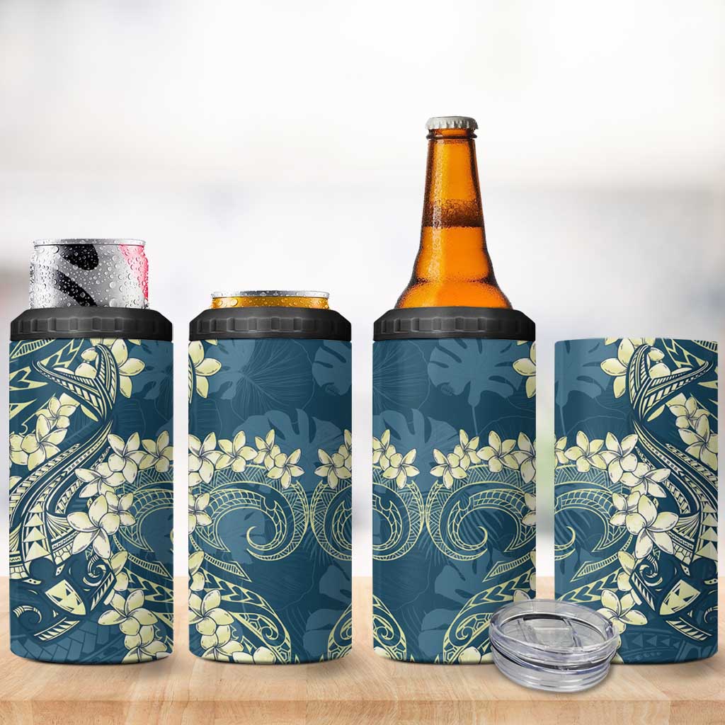 Cyan Polynesia Hammerhead Shark Tattoo With Plumeria Lei 4 in 1 Can Cooler Tumbler