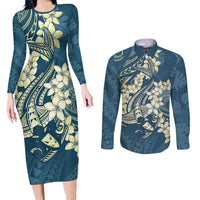 Cyan Polynesia Hammerhead Shark Tattoo With Plumeria Lei Couples Matching Long Sleeve Bodycon Dress and Long Sleeve Button Shirt