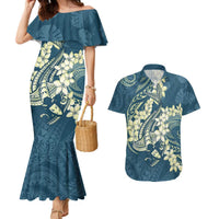 Cyan Polynesia Hammerhead Shark Tattoo With Plumeria Lei Couples Matching Mermaid Dress and Hawaiian Shirt