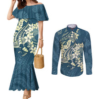 Cyan Polynesia Hammerhead Shark Tattoo With Plumeria Lei Couples Matching Mermaid Dress and Long Sleeve Button Shirt