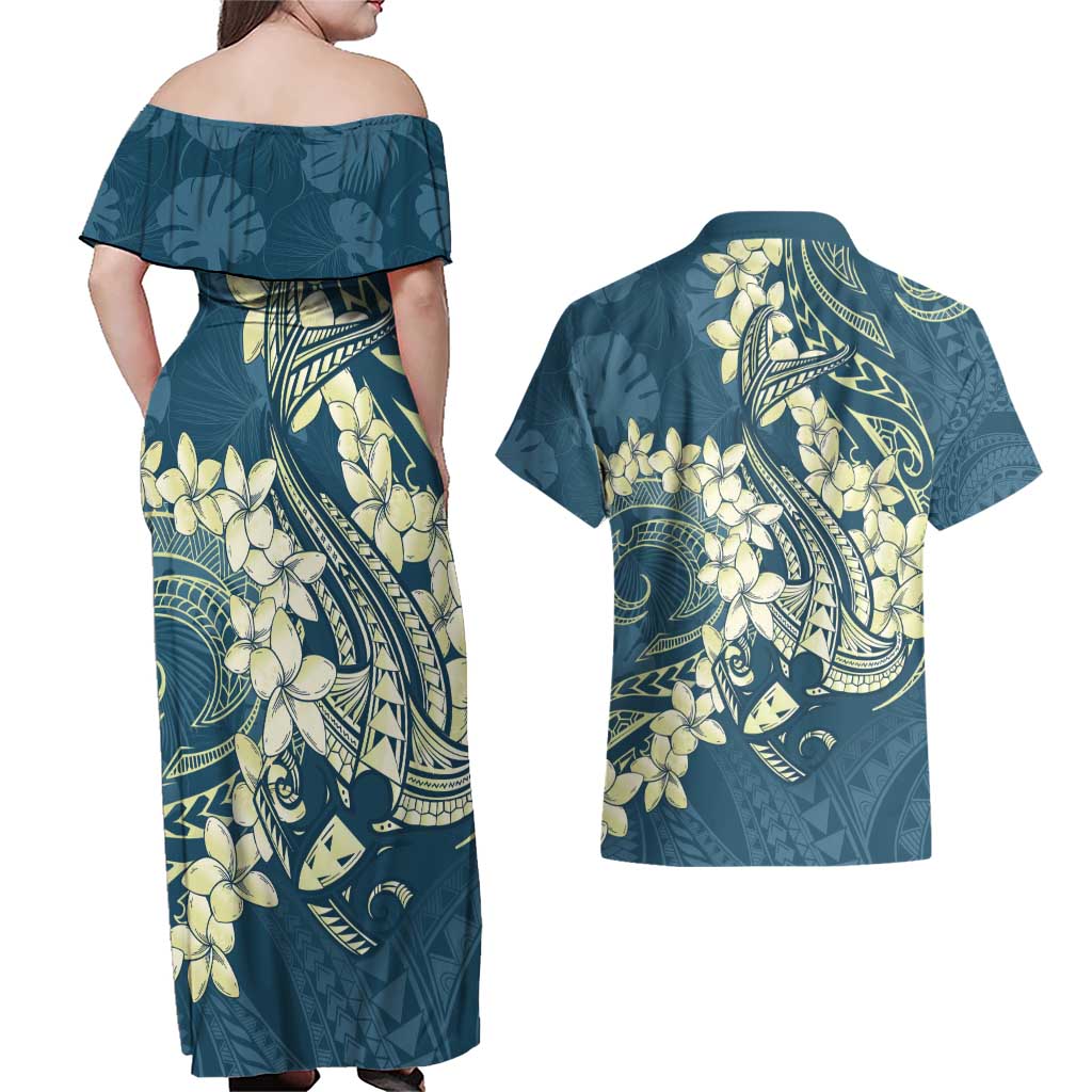Cyan Polynesia Hammerhead Shark Tattoo With Plumeria Lei Couples Matching Off Shoulder Maxi Dress and Hawaiian Shirt