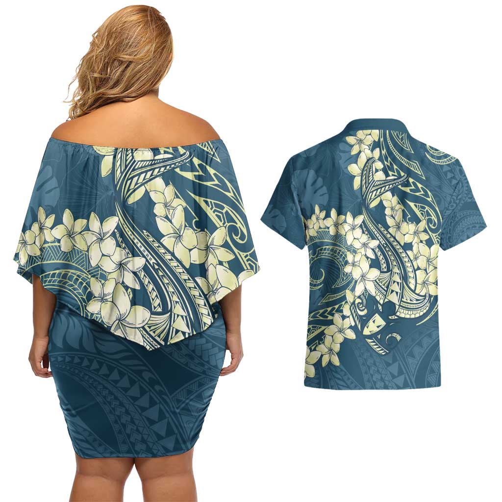 Cyan Polynesia Hammerhead Shark Tattoo With Plumeria Lei Couples Matching Off Shoulder Short Dress and Hawaiian Shirt