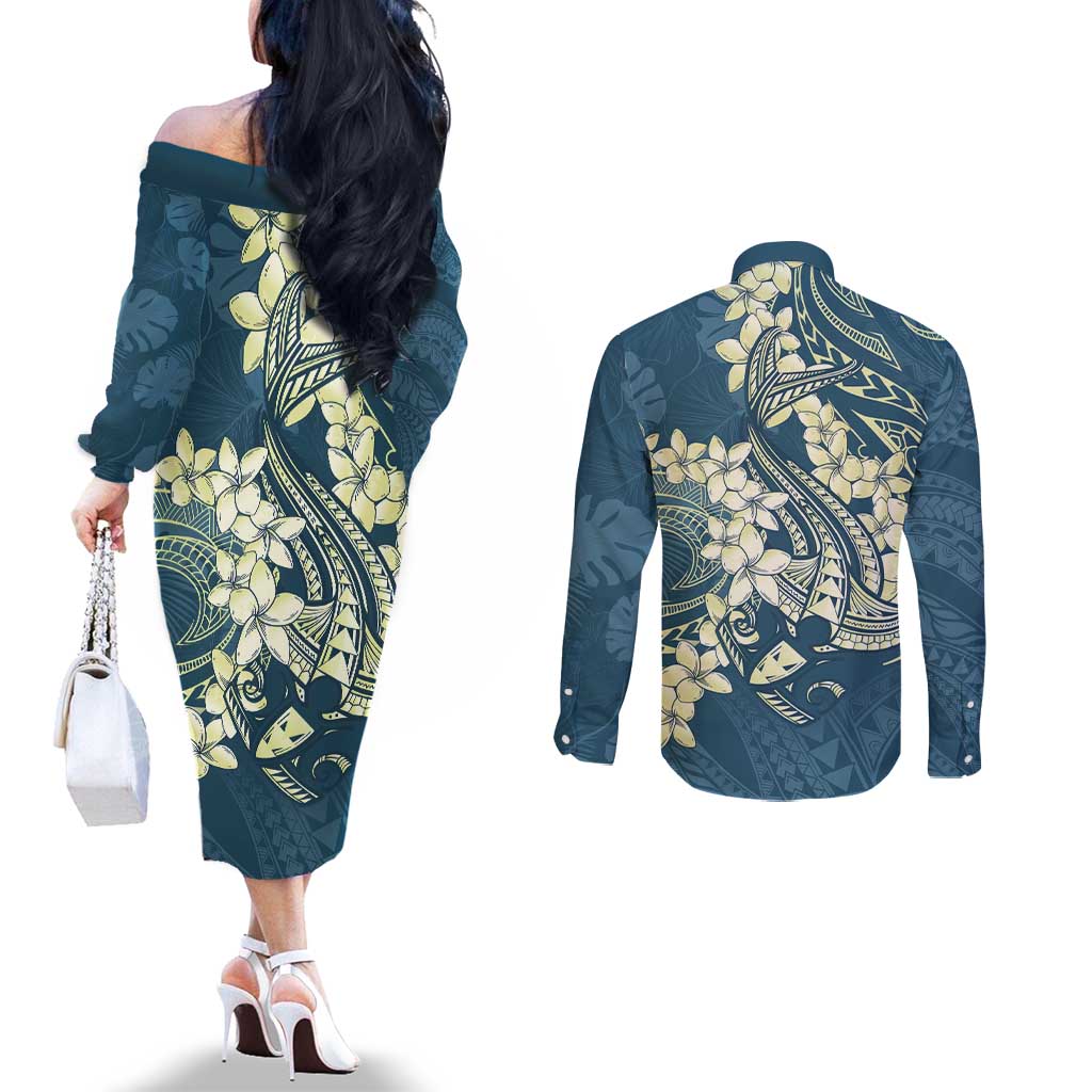 Cyan Polynesia Hammerhead Shark Tattoo With Plumeria Lei Couples Matching Off The Shoulder Long Sleeve Dress and Long Sleeve Button Shirt
