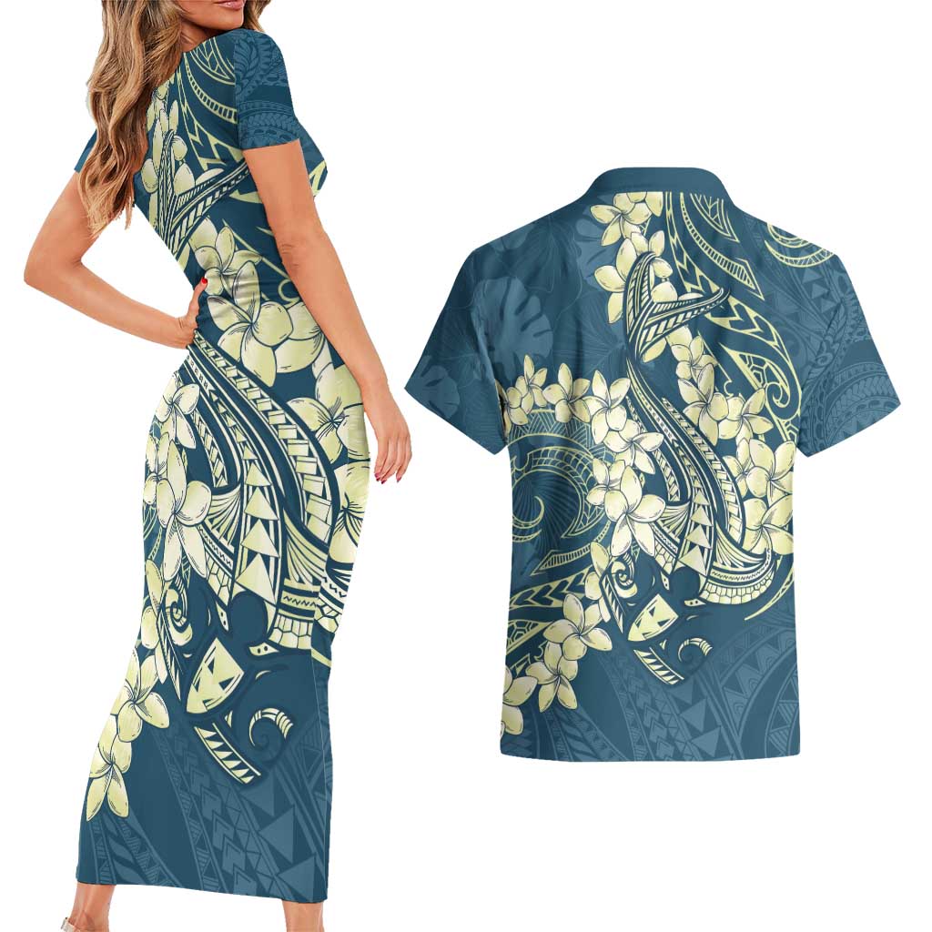 Cyan Polynesia Hammerhead Shark Tattoo With Plumeria Lei Couples Matching Short Sleeve Bodycon Dress and Hawaiian Shirt