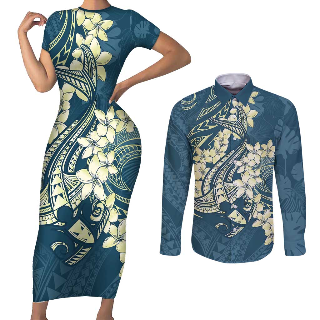 Cyan Polynesia Hammerhead Shark Tattoo With Plumeria Lei Couples Matching Short Sleeve Bodycon Dress and Long Sleeve Button Shirt