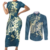 Cyan Polynesia Hammerhead Shark Tattoo With Plumeria Lei Couples Matching Short Sleeve Bodycon Dress and Long Sleeve Button Shirt