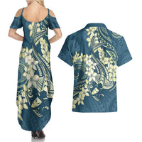 Cyan Polynesia Hammerhead Shark Tattoo With Plumeria Lei Couples Matching Summer Maxi Dress and Hawaiian Shirt