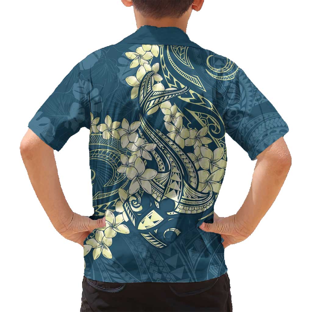 Cyan Polynesia Hammerhead Shark Tattoo With Plumeria Lei Family Matching Long Sleeve Bodycon Dress and Hawaiian Shirt
